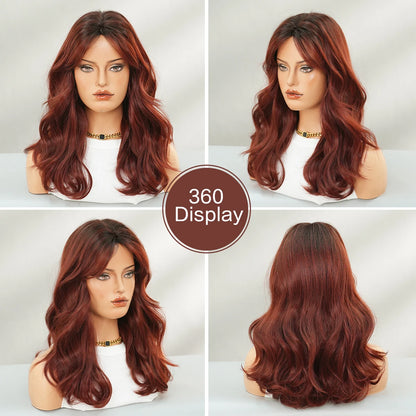 Shoulder Length Body Wave Wine Red Wig for Women High Density Synthetic Layered Modest Fashion Middle Part Wigs with Dark Roots
