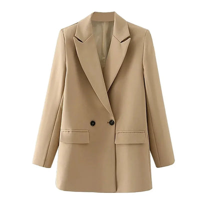 Women Black Blazer 2025 Fashion Office Wear Double Breasted Blazer Coat Vintage Long Sleeve Pockets Female Outerwear Chic Tops