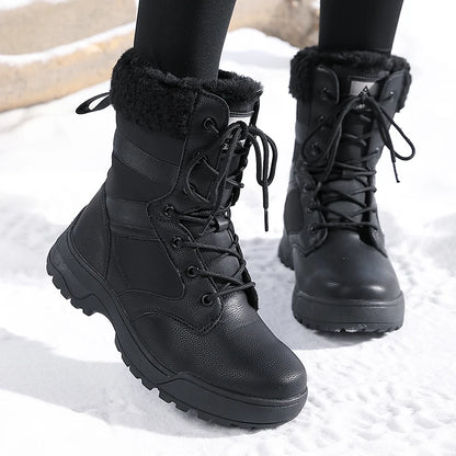 Winter Snow Boots for Both Men and Women, Mid-top PU Leather with Fleece, Warm, Flat and Anti-slip Hiking and Outdoor Boots