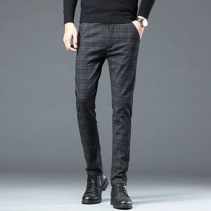 Spring Autumn Korea Business Men Pants Cotton Comfortable Elastic Plaid Casual Fashion Trousers Male Suit Pant