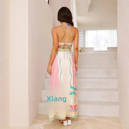Sexy Long Neck Hanging Strap Backless Dress New 2025 Independent Station Cross-Border Sleeveless Knee-Length Polyester Fiber