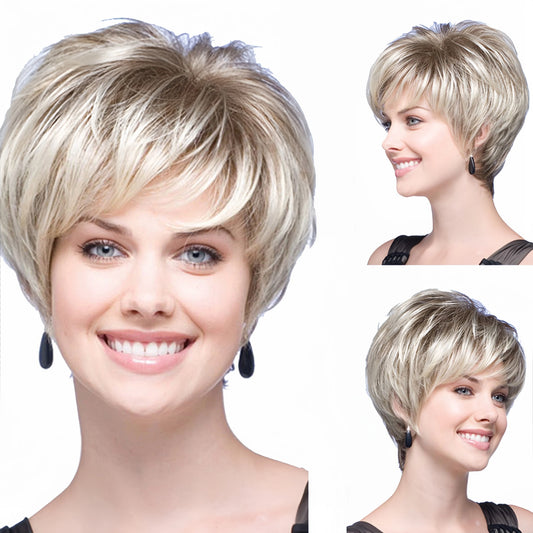 Wig women new short hair fashion light gold synthetic fiber high temperature silk wig full head cover