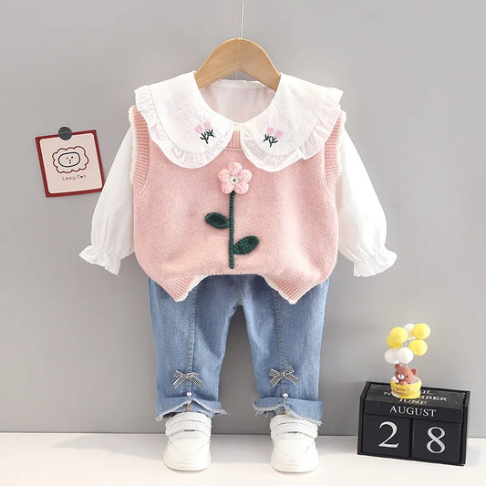 Spring newborn Baby Girls' Clothes Outfit sets Knitted Vest Shirt Bow Jeans suit for Girls Baby clothing 1st birthday wear sets