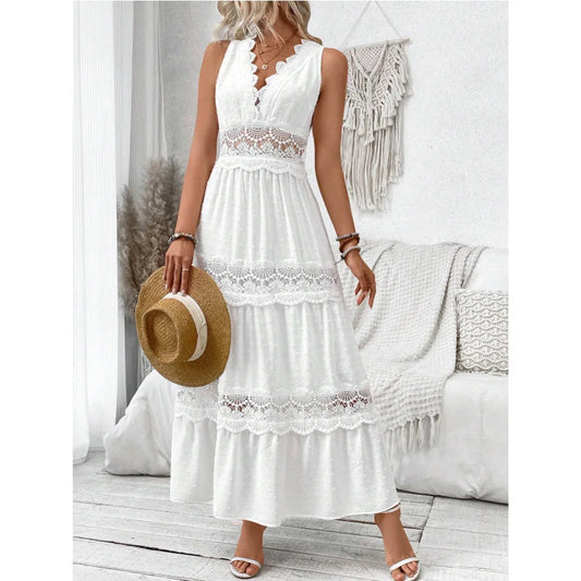 Summer Dress Women 2024 Lace Patchwork V-neck Sleeveless Dresses Fashionable and Versatile Long Skirt for Female Streetwear