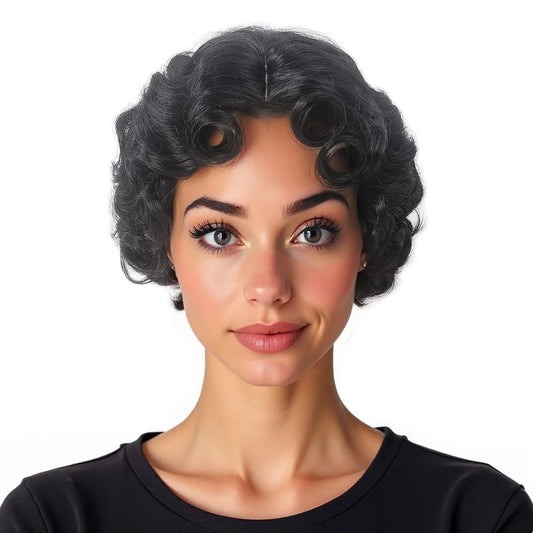 REEWES Short Curly Finger Wave Wigs With Oblique Bangs 1920s Retro Wavy Cosplay Costume Wig Classy Vintage Wavy Style For Women