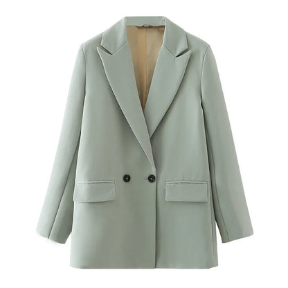 Women Black Blazer 2025 Fashion Office Wear Double Breasted Blazer Coat Vintage Long Sleeve Pockets Female Outerwear Chic Tops