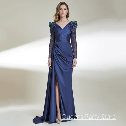 Dancing Evening Dress Customized V Neck Long Sleeves Pleat Beading Sequined High Split Formal Prom Gown Arabian Party Dresses