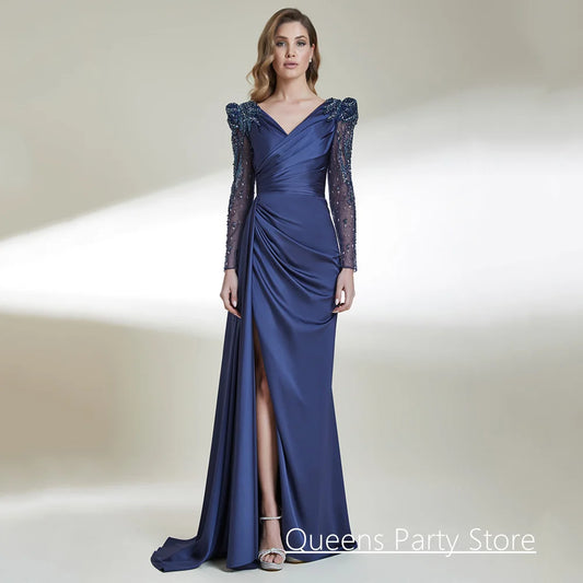 Dancing Evening Dress Customized V Neck Long Sleeves Pleat Beading Sequined High Split Formal Prom Gown Arabian Party Dresses