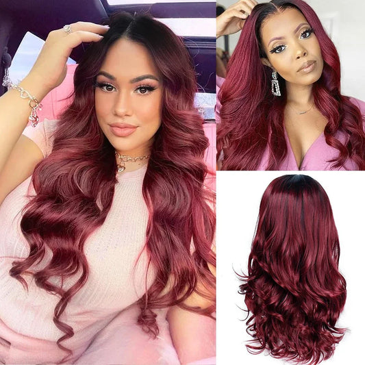 Long Wine Red Wavy Wig for Women 26 Inch Middle Part Curly Wavy Wigs Natural Looking Synthetic Black Wig for Daily Party Use
