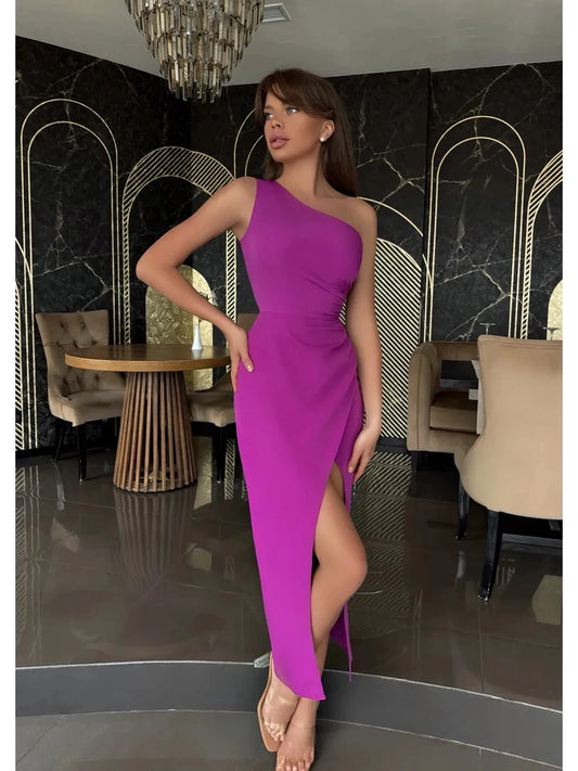 Women's Evening Dress For A Corporate Party Female Party One Shoulder Side Slits Pleats Night Club Long Dress