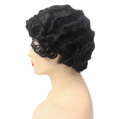 REEWES Short Curly Finger Wave Wigs With Oblique Bangs 1920s Retro Wavy Cosplay Costume Wig Classy Vintage Wavy Style For Women