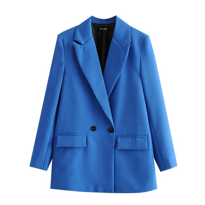 Women Black Blazer 2025 Fashion Office Wear Double Breasted Blazer Coat Vintage Long Sleeve Pockets Female Outerwear Chic Tops