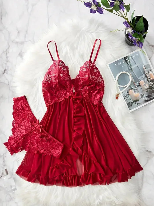 Women Nightdress Sexy Lace Chemise Bow Nightgown Sleepwear Solid Slim Soft Dresses V Neck Full Slip Sleepwear & Dresses