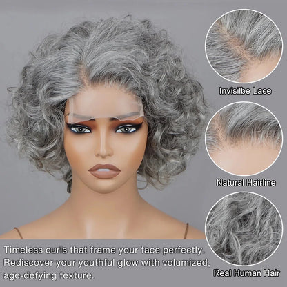 LULUCHIC Seniors Salt & Pepper Wig Loose Curly Short Bob Silver Gray Human Hair Minimalist Glueless Wigs Brazilian Vingin Hair