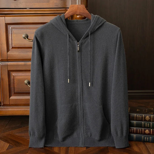 24 men's autumn and winter 100% pure wool cardigan hooded with pocket solid color thick sweater casual cashmere knitted jacket