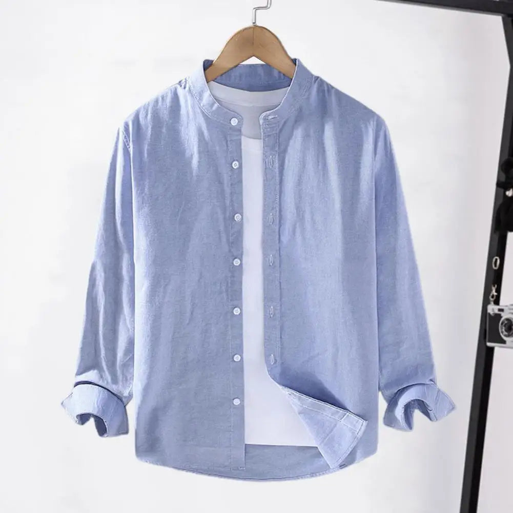 Men Shirt Men's Stand Collar Cardigan Shirt Solid Color Single-breasted Long Sleeves Soft Casual Coat for Fall Plus Size Mid