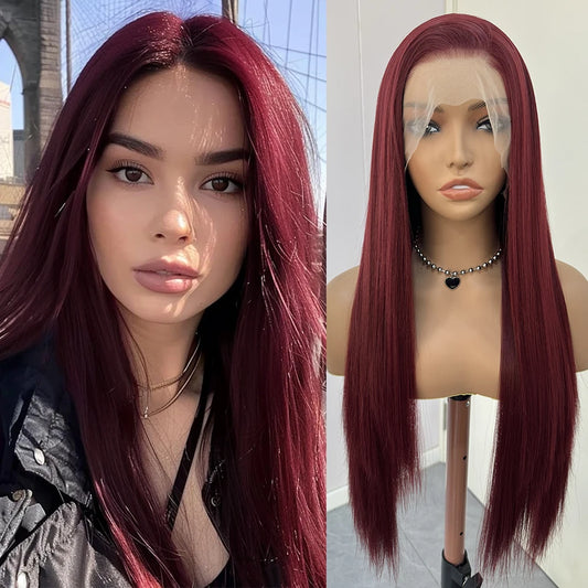 Burgundy Wigs Long Straight Synthetic Hair Wine Red Wig Straight Lace Wigs for Women Frontal Lace Wig Heat Resistant Daily Wear