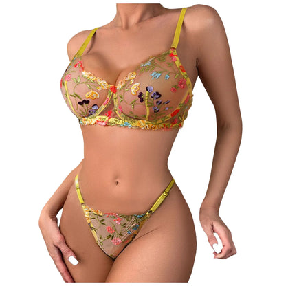 Women Underwire Lingerie Set Cute Push Up Strappy Embroidered Sheer Mesh Lingerie Set 2pcs Panty Bra Lingerie For Women LenceríA