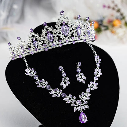 Luxury Silver Crown Necklace and Earring Set for Women, Purple Teardrop Tiara with Leaf Choker and Dangle Earrings, Wedding Prom