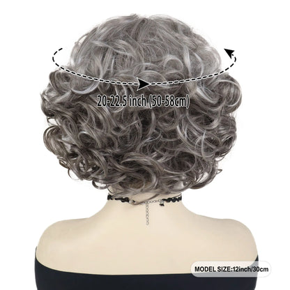 Short Curly Wigs for Women Synthetic Hair Grey Wig with Side Bangs Ombre Color Gray Wigs for Lady Dress Up Costume Party Cosplay