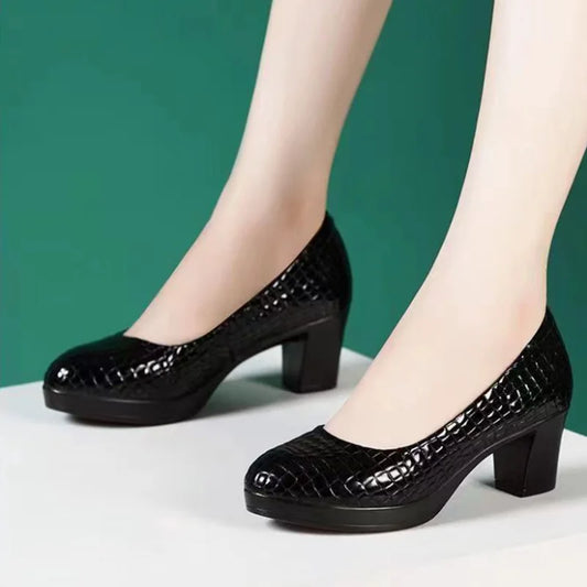sapatos femininas women fashion round toe black plaid pattern slip on chick high heel shoes lady casual white work pumps a411