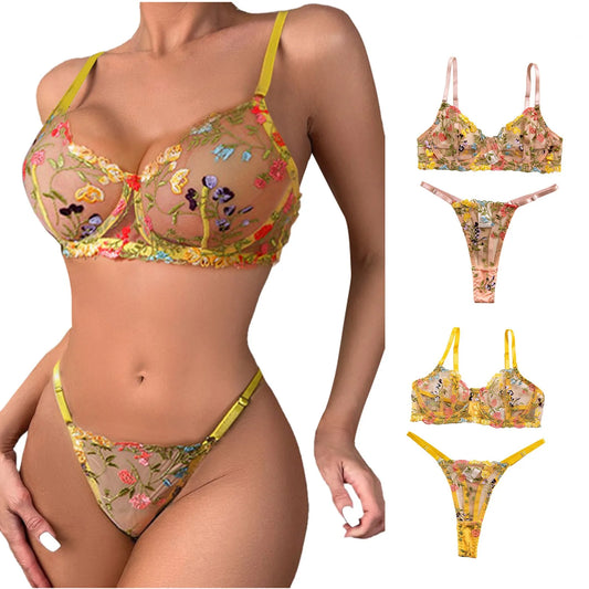 Women Underwire Lingerie Set Cute Push Up Strappy Embroidered Sheer Mesh Lingerie Set 2pcs Panty Bra Lingerie For Women LenceríA