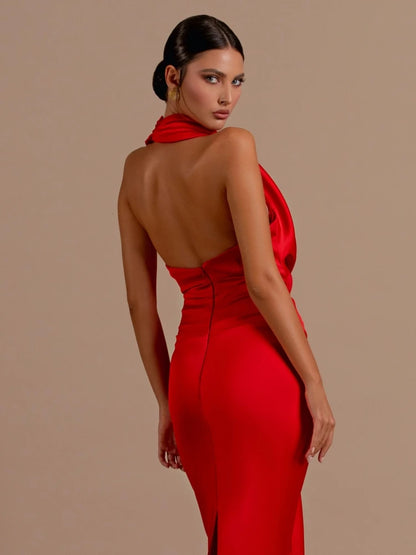 Sexy Swinging Collar Backless Pleated Long Dress Women Red Stain Sleeveless Draped Design Maxi Dress Celebrity Party Club Runway