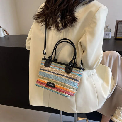 Seaside Vacation Beach Bag, Hand-woven Straw Hand-carried Women's Bag, 2025 New Summer Rainbow Single-shoulder Crossbody Bag