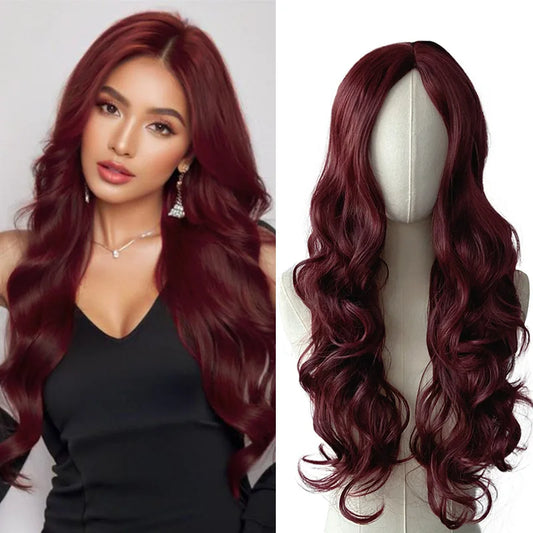 European and American Synthetic Wig Wine Red In Large Waves Long Curly Hair Women Fashion Daily Party Use Full Head Cover