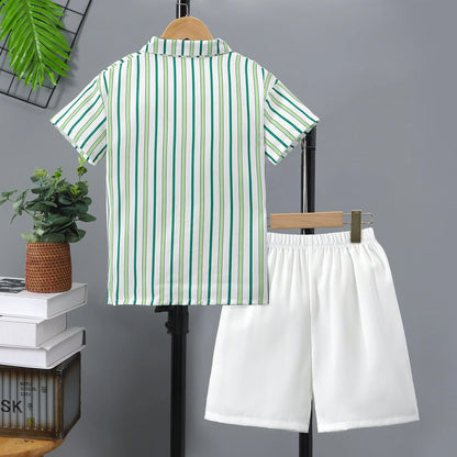 2pcs Boys Casual Striped Short Sleeve Lapel Shirt & Shorts Set, Comfy Summer Boys Clothing