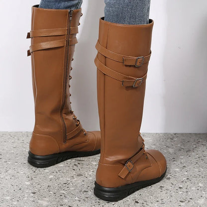 Winter Boots for Women 2023 Combat Cowboy Knee High Long Leather Platform Shoes Black Gothic New Rock Punk Solid Women's Boots