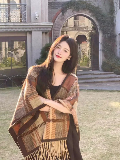 2024 Winter Women Faux Woolen Loose Tassel Shawl Capes Cashmere Wear Warm Thick Poncho Cardigan Lady Printed Plaid Blanket