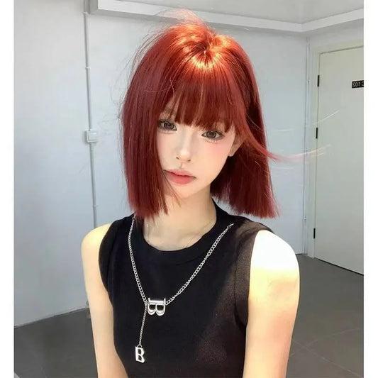 Wig Short Hair Female Internet Celebrity Short Hair Daily Lolita Natural Bangs Full Head Cover Black Red Supernatural Synthetic