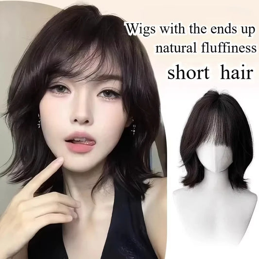 Wig Female Short Hair Natural Age Reduction Hair Tail Flanged Air Bangs Short Cosplay Wigs Synthetic Heat-resistant Fiber Wigs
