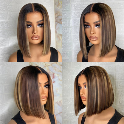 Highlight 4/27 Straight Short Bob Wigs Ombre Human Hair Wigs Brazilian Bone Straight Bob Wigs Human Hair 13x4 Lace Frontal Wigs
