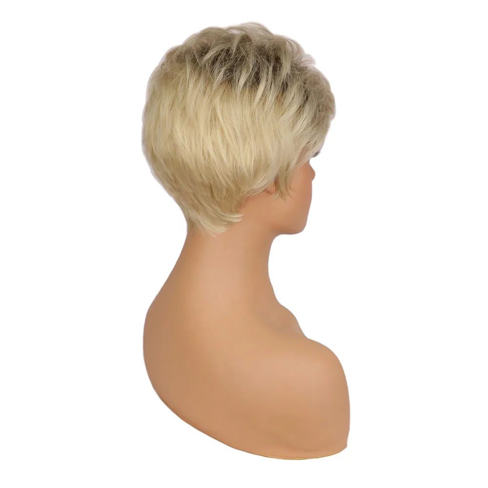 Short Pixie Cut Synthetic Wigs for White Women Dark Root Gradient Blonde Wigs Hair Replacement Wigs for Women