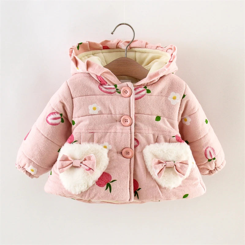 Winter Promotion Girls Coat Padded Jacket Furry Pocket Bow Long Sleeve Hooded Strawberry Cartoon Pattern Warm and Thick