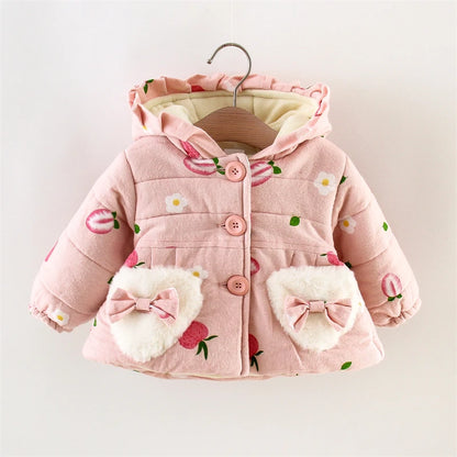 Winter Promotion Girls Coat Padded Jacket Furry Pocket Bow Long Sleeve Hooded Strawberry Cartoon Pattern Warm and Thick