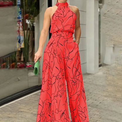 Summer Sexy Halterneck Bodycon Sleeveless High Jumpsuit 2022 Women Abstract Print Jumpsuit Chic Streetwear Wide Leg Romper Mujer
