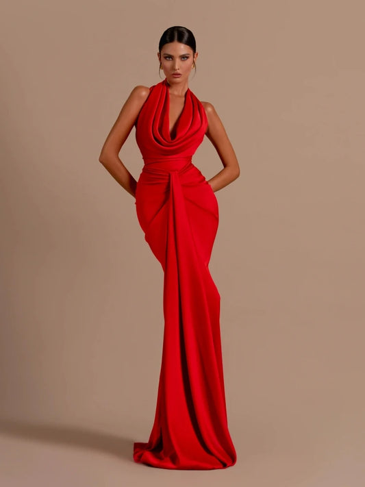 Sexy Swinging Collar Backless Pleated Long Dress Women Red Stain Sleeveless Draped Design Maxi Dress Celebrity Party Club Runway