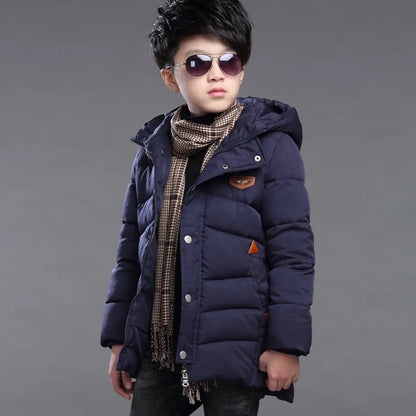 Children's down jacket new winter boys' and girls' Plush warm medium length jacket hooded large wool collar cotton padded jacket