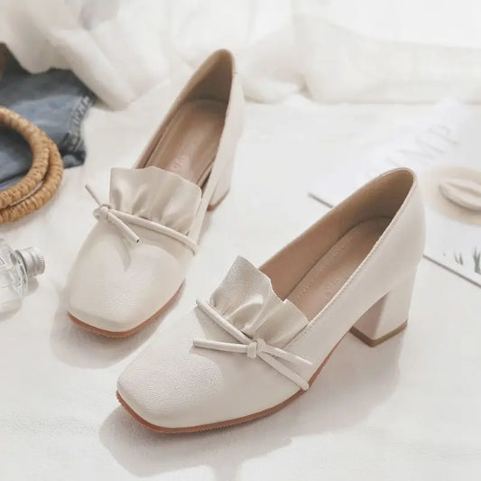 Women's Summer Footwear with Bow Shoes for Woman 2024 on Heeled High Heels Square Toe Pumps Casual 39 Comfortable and Elegant A