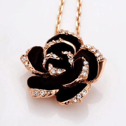 Fashion Rose Flower Enamel Jewelry Set Rose Gold Color Black Painting Bridal Jewelry Sets for Women Wedding