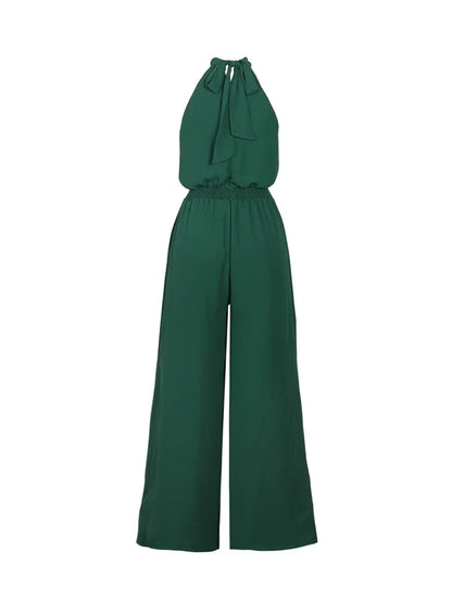 2025 Spring and Summer New Women's Casual Solid Colour Hanging Neck Sleeveless Wide-Leg Jumpsuit Best Choice for Summer