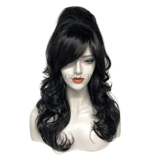 Vintage Wig Long Wavy Black Wig Big Bouffant Beehive Wigs for Women for 50s 80s Costume