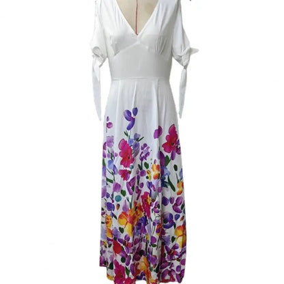 2024 Summer Elegant Women Sexy V Neck Bohemian Long Dress Floral Print Party Dress Tie-up Short Sleeve Hollow Maxi Dresses
