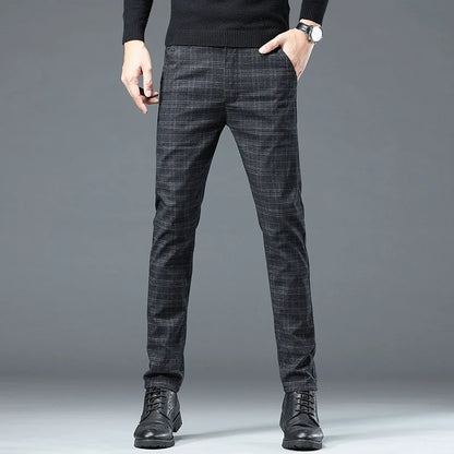 Spring Autumn Korea Business Men Pants Cotton Comfortable Elastic Plaid Casual Fashion Trousers Male Suit Pant