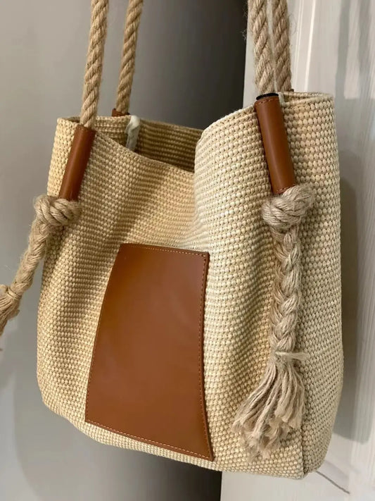 PU Leather Bucket Shoulder Bags for Women Woven Rope Hand Bag Female Large Handle Bag Purse