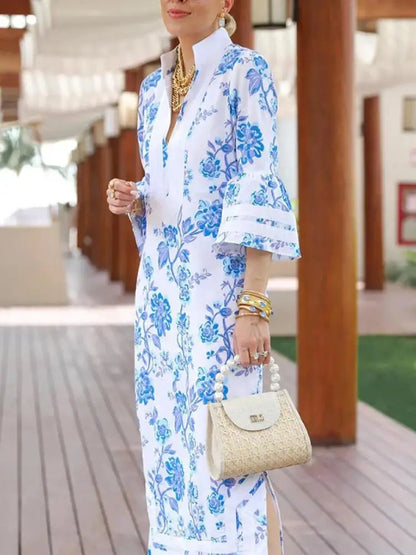 Yeezzi 2025 New Female Elegant Floral Printed Split-Side Party Evening Dresses Spring Summer Flared Sleeves V-Neck Banquet Dress