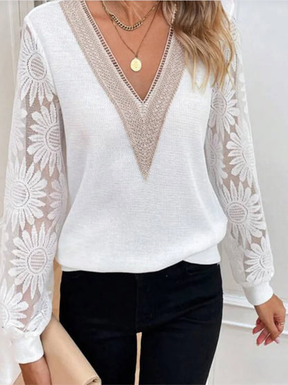 Stylish Lace Hollowed Out Patchwork Shirt Women V-Neck Long Sleeve Spring Autumn Solid Color Blouse Top